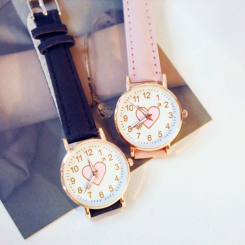 Cute Women Watches Casual Leather Strap Bracelet Lovely Girl Wrist Watch Pink Heart Shape Clocks Relogio Feminino