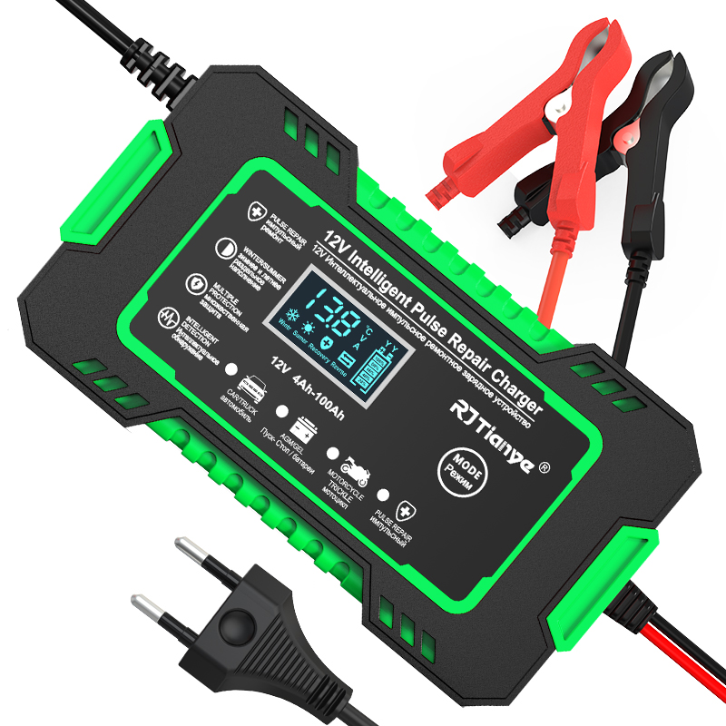 12V 6A Vollautomatisches Autobatterieladegerät Power Pulse Repair Ladegeräte Nass Trocken Blei Säure Batterieladegeräte Digitales LCD-Display
