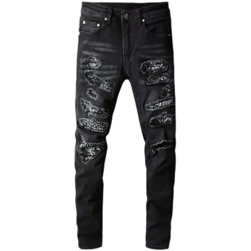 Embroidery Patchwork Trousers/BLK 38（Denim Embroidery Pants