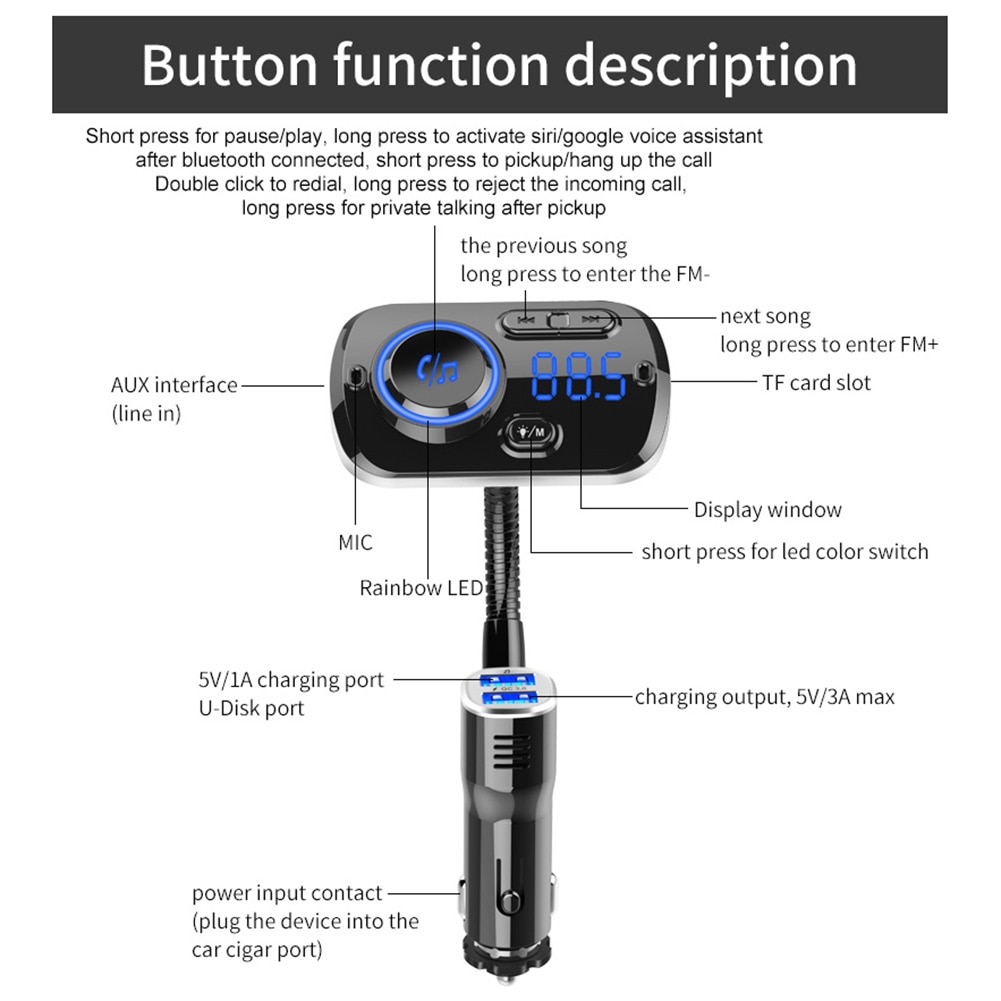 BC49AQ FM Transmitter Car Bluetooth MP3 Player QC Fast Car Charging Radio Player Easily Installation Personal Car Element