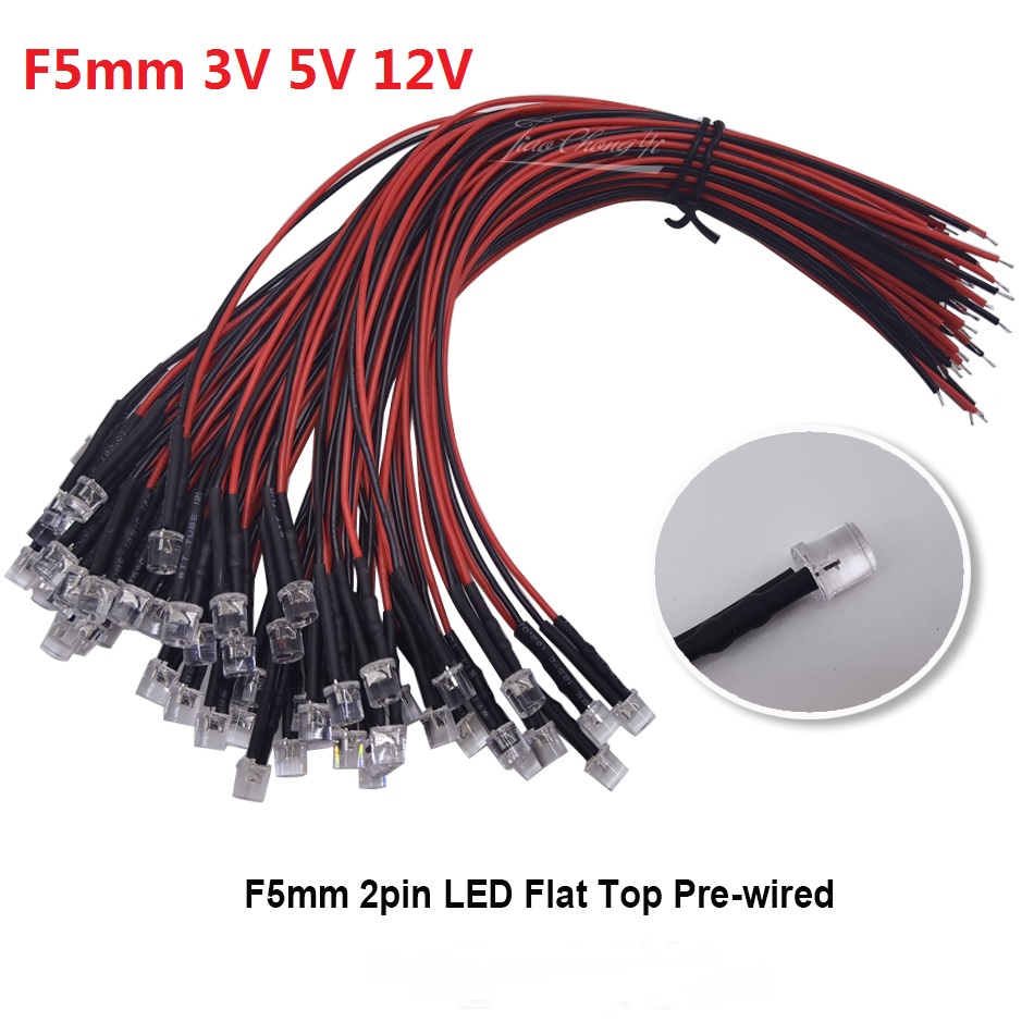 10 Uds DC 3V 5V 12V diodos LED de parte superior plana 20cm precableado 5mm bombilla de lámpara de luz LED diodos emisores precableados para decoración del hogar DIY