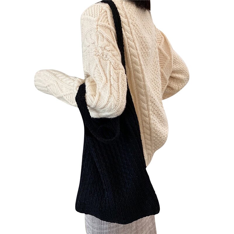 Gebreide wollen schoudertas voor dames, vintage katoenen tas voor meisjes, grote dameshandtas: Zwart