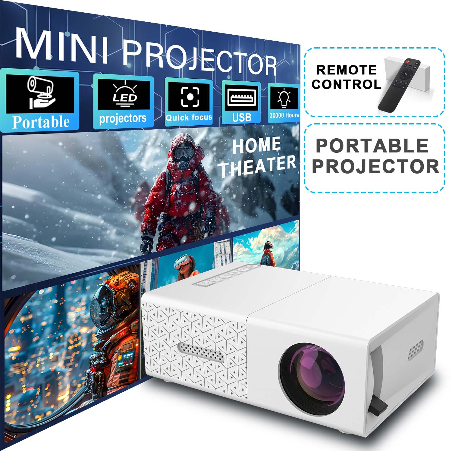 Projector Ultra Slim, HDMI USB Interfaces, Built-in Speaker, EU/US Plug Selection, Space-saving for Office