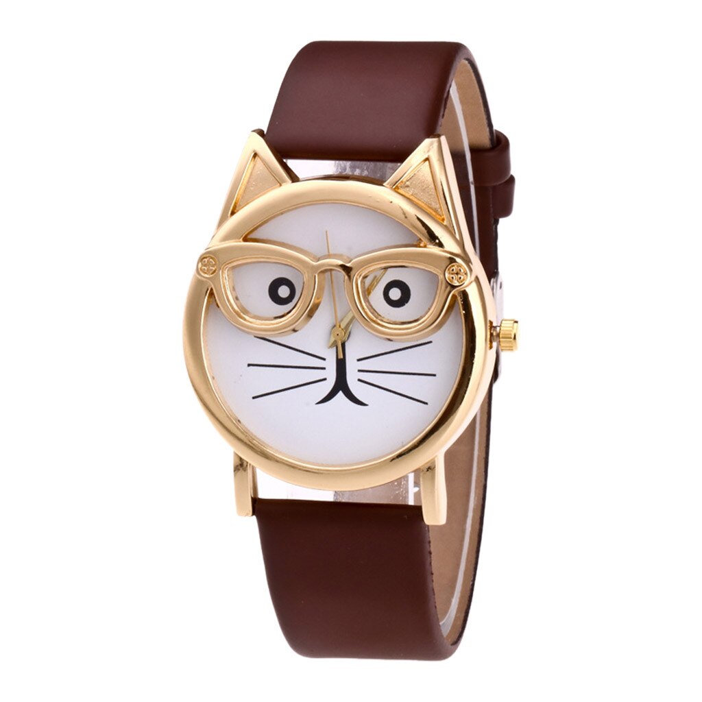 Casual Lovely Cat With Glasses Strap Dial Women's Quartz Watch часы женские horloge dames zegarki damskie: Brown 
