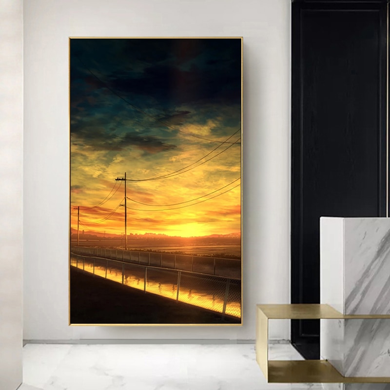 Schilderen op nummer kunst handgetekende illustratie landschap schemering lucht roze wolken huis gang decoratief schilderij