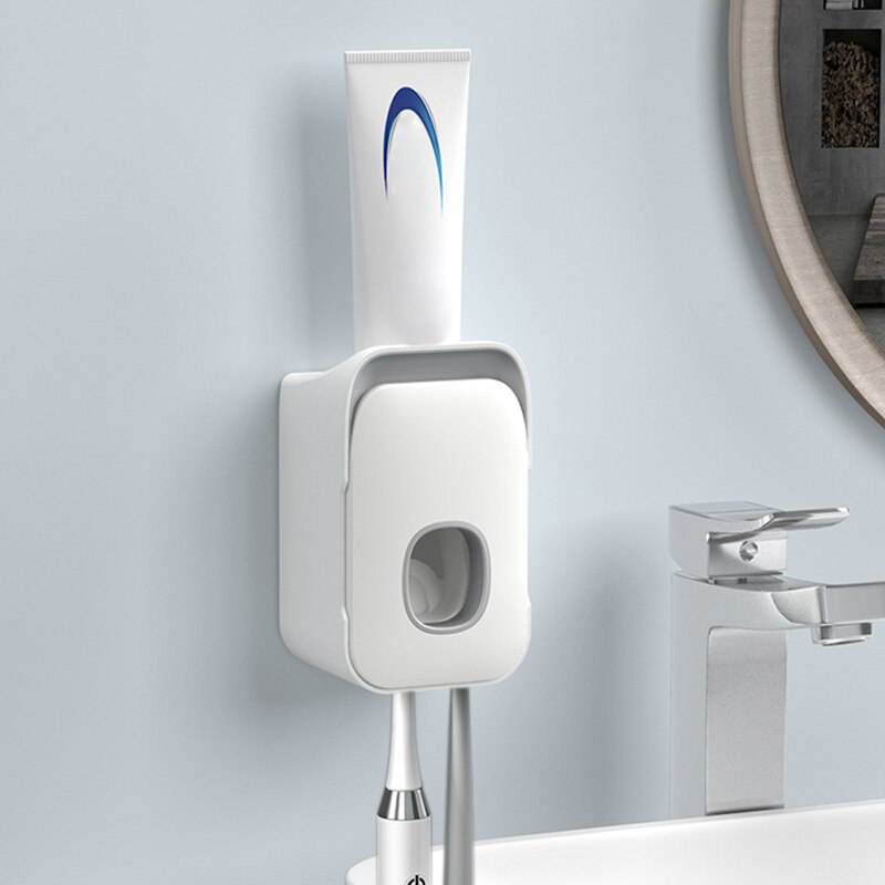 2- i -1 automatisk tandpasta dispenser tandbørsteholder suge vægmonteret håndfri tandpasta squeezer: Grå