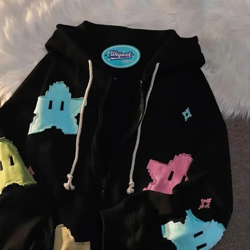 Y2k casaco de grandes dimensões masculino personalidade impressão moletom com capuz feminino moda punk harajuku casal zip up hoodie topos roupas kawaii