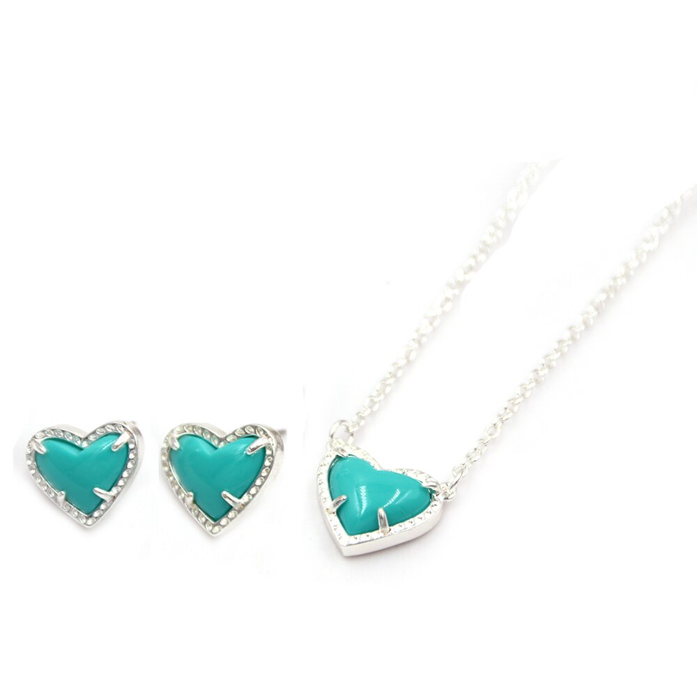 harz NEON Farbe 3D Liebe Herz Stein Inlay Mini Herz Anhänger Halskette Schöne Rosa Herz Anhänger Halskette: Silver Turquoise Set