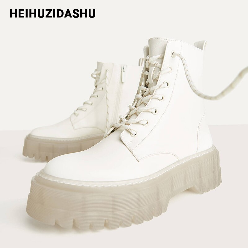 PVC Transparent talon bottines pour femmes blanc à lacets plate-forme bottes femmes automne INS femmes grosse moto bottes
