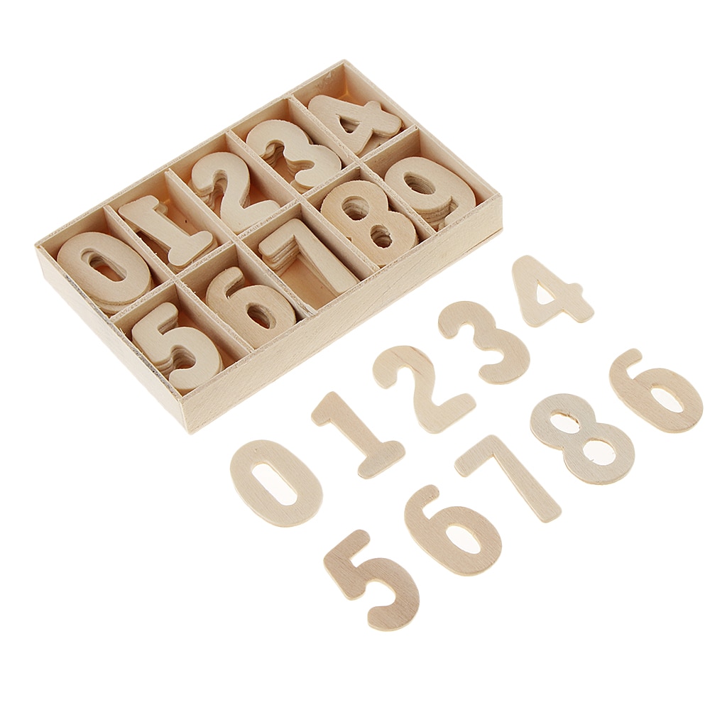 60 Piece Set Wooden Numbers - Wooden Craft Numbers with Storage Tray - Unpainted Wood Arabic Numbers Kids Learning