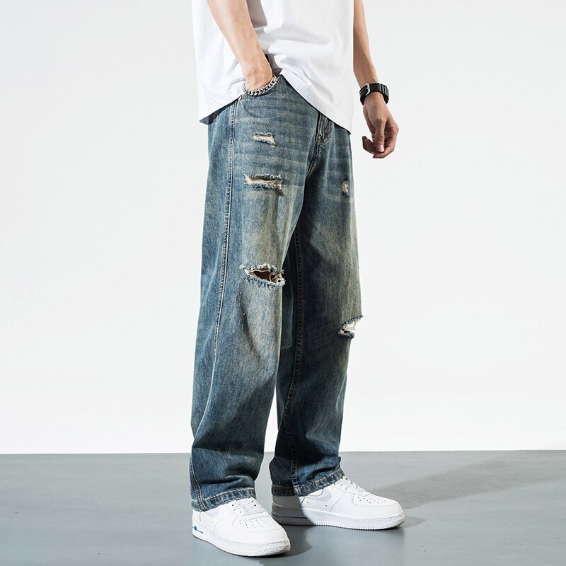 Men Jeans Straight Fit Destroyed Ripped Jeans Men Streetwear Retro Blue Hip Hop Loose Fit Wide Leg Denim Pants