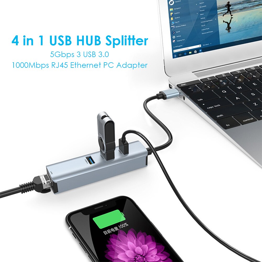 Portable 4 in 1 USB HUB USB 3.0 to Rj45 HUB Gigabit Ethernet Adapter 1000Mbps Network Card Lan for Laptop Desktop PC