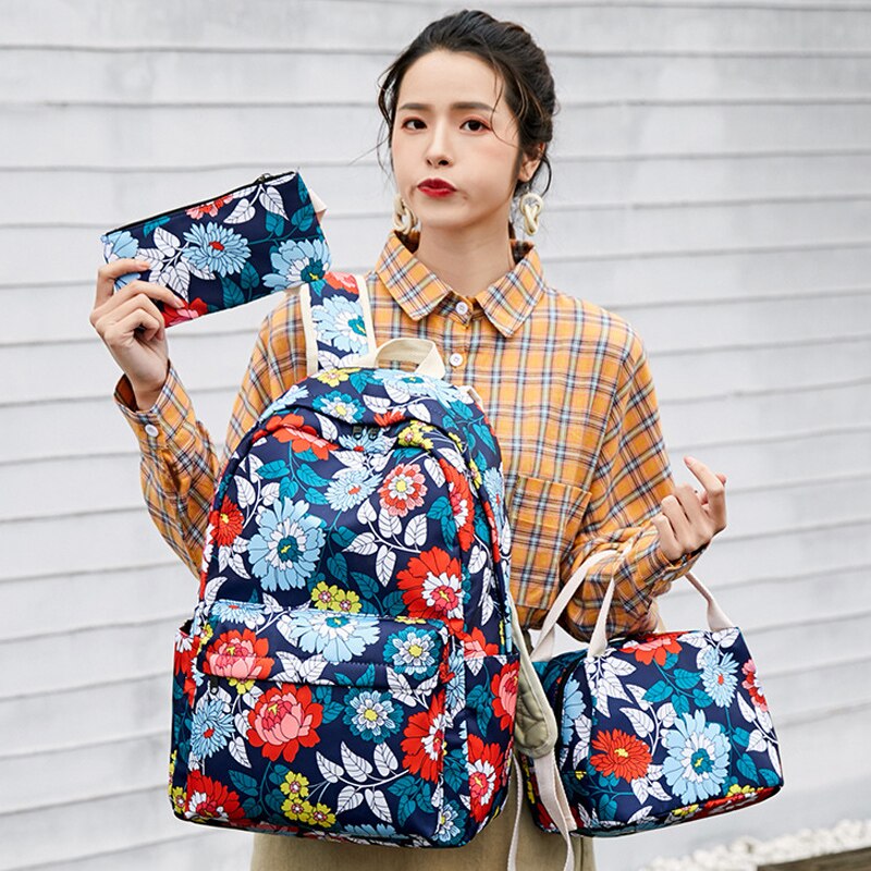 Waterdichte Bloem Afdrukken Schooltas Voor Tieners Meisjes Nylon Tas Set Vrouwen Rugzak Lunchbox Student Boek Tassen