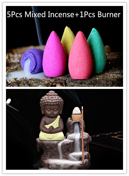 5 stk. røgelseskegler + brænder boligindretning den lille munk lille buddha røgelseskar tilbageløbende røgelsesbrænder hjemmekontor tehus: Chokolade