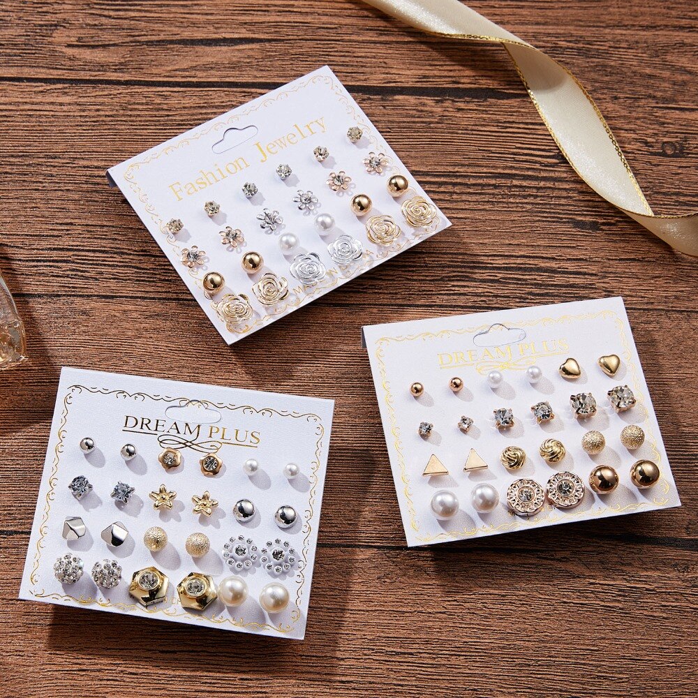12 Pairs/set Classic Crystal Stud Earring Sets Women's Round Ball Metal Pearl Flower Earrings For Women Girl Mixed Jewelry