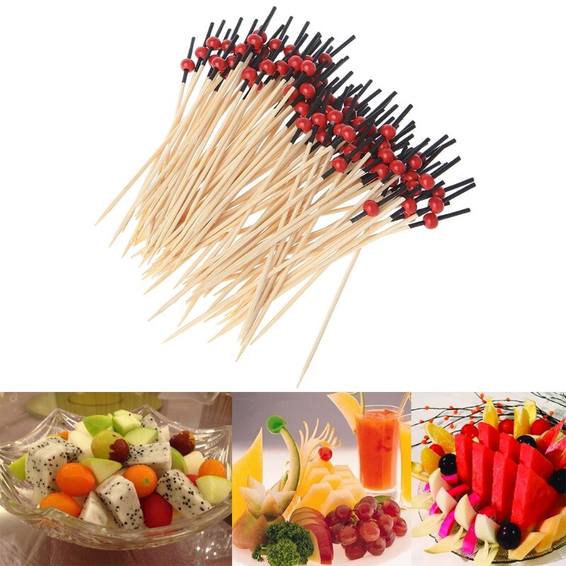 100pcs Kralen Bamboe Cocktail Picks Voedsel Sticks Wegwerp Tandenstokers Party Club