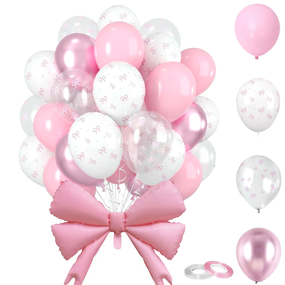 Globos con lazo blanco y rosa, decoración de coqueta, globo de látex para niñas y mujeres, decoración rosa para cumpleaños, suministros para de bienvenida de bebé y boda