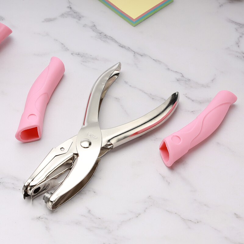 Handle Hole Punch DIY Loose-leaf Paper Cutter Pink Single Hole Puncher with Protective Case School Office Binding Stationery