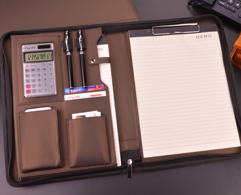 Multifunctional Business Zipped Padfolio Folder Document bag Organizer PU Leather A4 Portfolio Notepad calculator: Dark Khaki