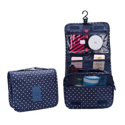 Kobiety podróż przenośna torba na kosmetyki do makijażu Unisex wiszące mężczyźni mycie kosmetyczka marka szczoteczka do zębów zestawy toaletowe organizery: Navy blue dot