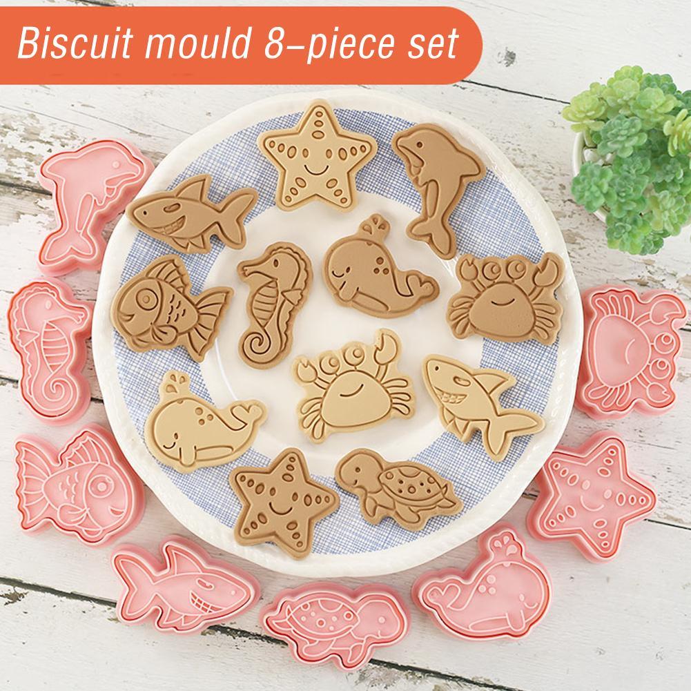 8 Stks/set Mariene Leven Cookie Cutters Plastic 3D Cartoon Pressable Biscuit Mold Cookie Stamp Keuken Bakken Gebak Bakvormen Tool