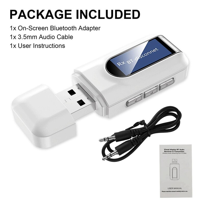 LCD Screen Display Bluetooth 5.0 Adapter Bluetooth Transmitter Receiver 2 IN 1 Wireless Audio 3.5mm USB AUX