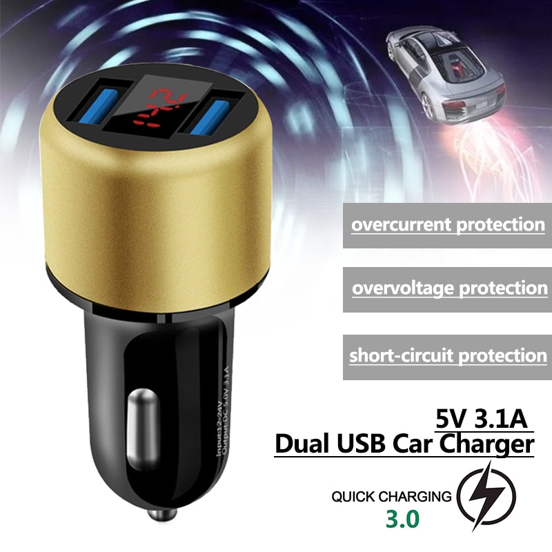 USB Car Charger for Phone 3.1A Dual USB Fast Charge Smart Protection Cigarette Socket with LCD Display Mini Car-Charger Adapter