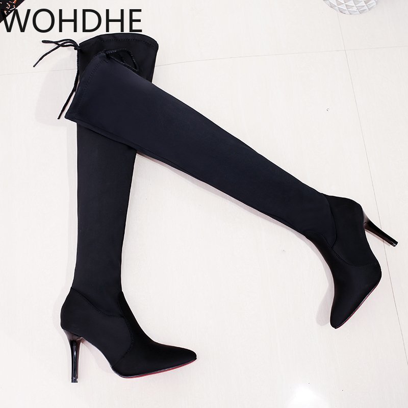 Stivali con suola rossa inverno sopra il ginocchio elasticizzato tacco alto Slip on scarpe punta a punta donna stivali lunghi stivaletti alti in pelle scamosciata sintetica