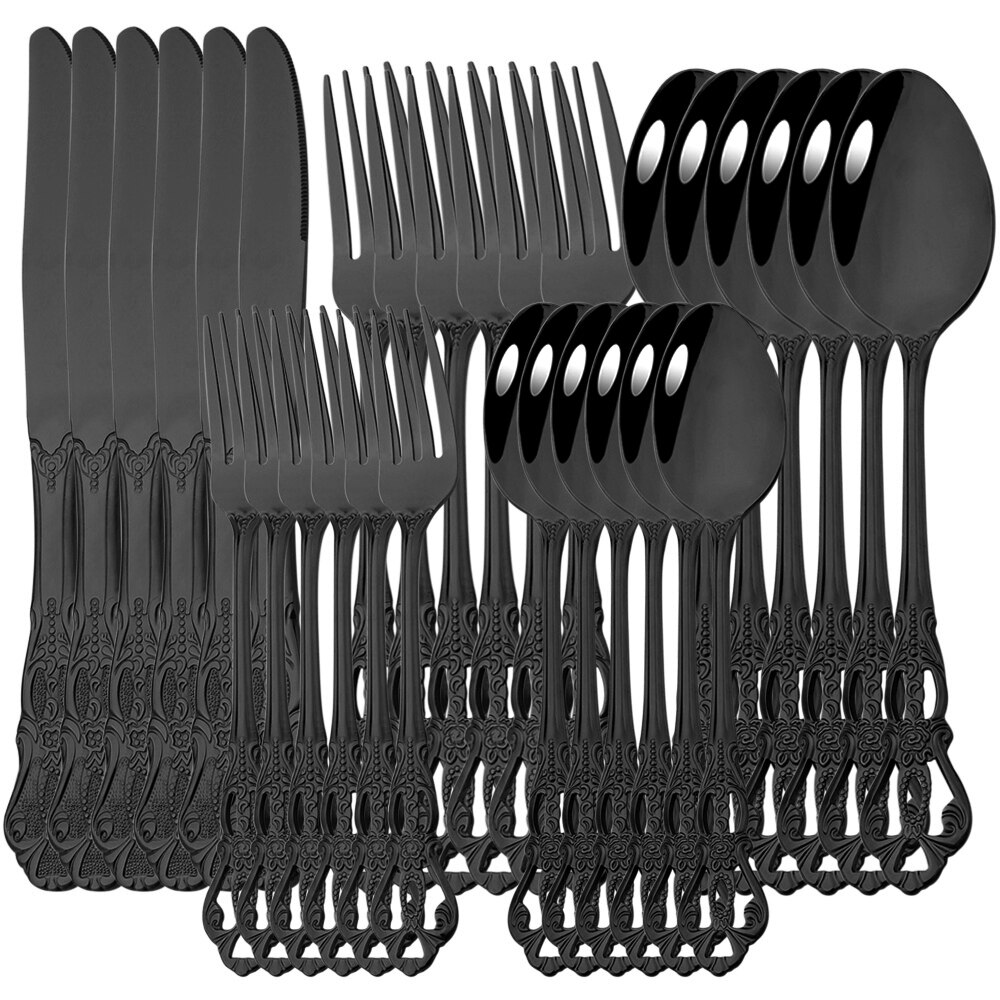 Juego de cubiertos de acero inoxidable, Set de vajilla de arcoíris, cuchillo, tenedor, cuchara occidental, Retro, 6/30 piezas: 30Pcs Black