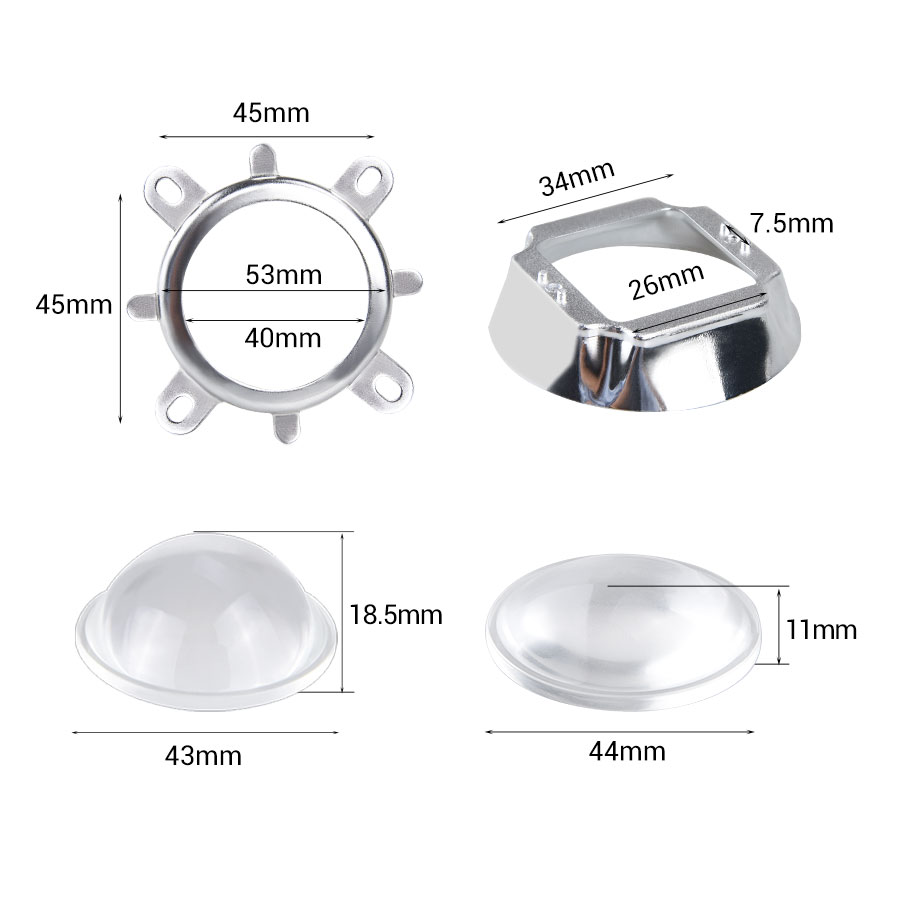 44mm optisk glass ledet linse 60 120 gradere reflektor kollimator rask brakett til høy effekt kolbe ledet chip perler matrise lampe deksel