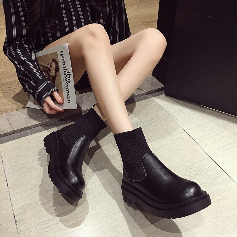 Grosses bottes femme dernière Slip-on tissé Patchwork PU haut bout rond noir Beige léger Chelsea bottes femmes chaussures