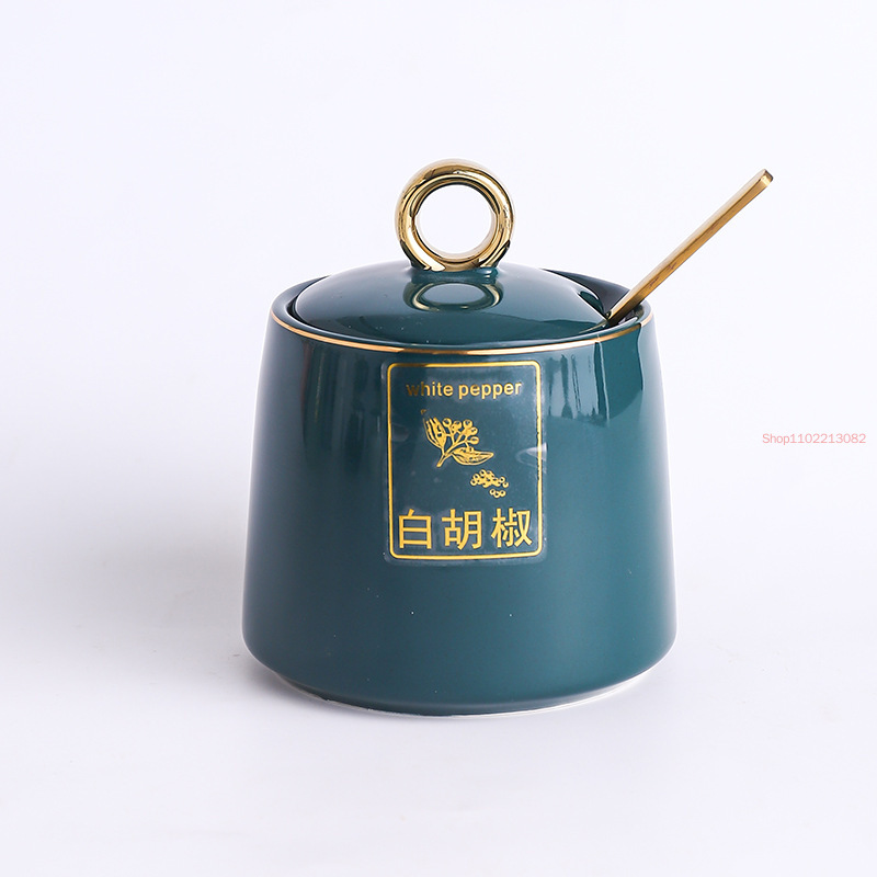 Gold-plated Ceramic Seasoning Jar with Lid Spoon Household Sugar Bowl Chili Box Kitchen Food Container Spice Organizer Rack: Chocolate