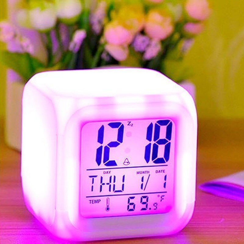 Digital Alarm Clock Battery Day Time Date Temperature Snooze 7Colour Change Cube Led Clock For Home Children