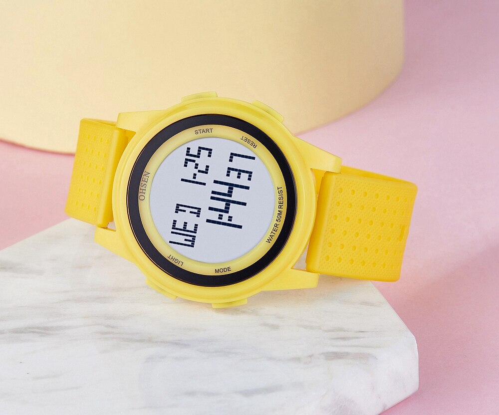 OHSEN Digitale Frauen Sport Uhren Wasserdichte Gelbe LED freundlicher Uhr Multi funktion Junge Mädchen Armbanduhr montre femme