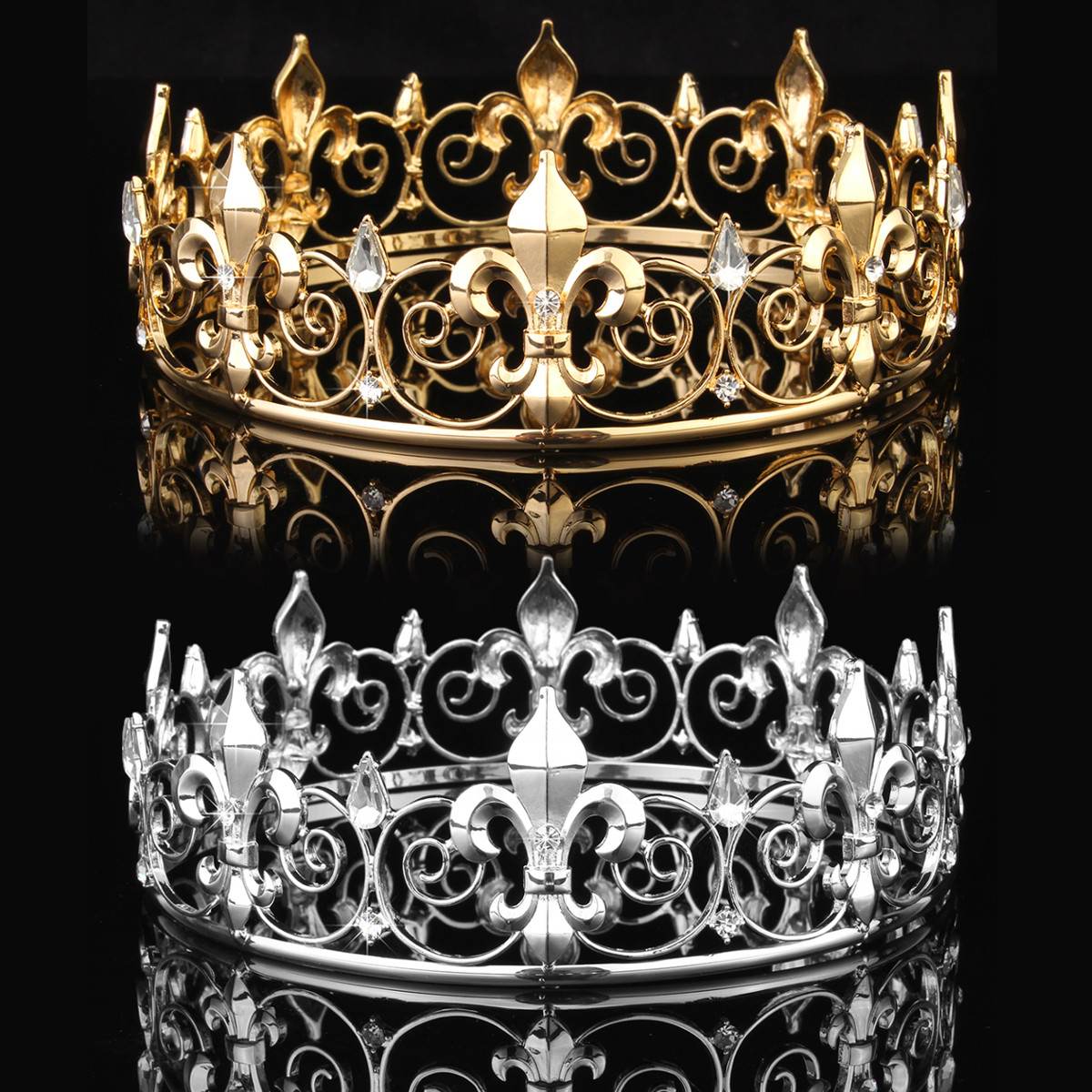 Männer der Kaiser Medieval Kreis Gold Prom Zubehör Fleur De Lis König Crown Runde Kaiser Medieval Gold Strass Tiara