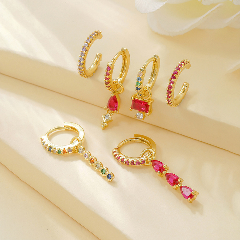 Pendiente de aro de gota de agua de acero inoxidable con circonita roja y rosa de lujo para mujer, joyería Huggie chapada en oro de 18 quilates, pendientes para mujer