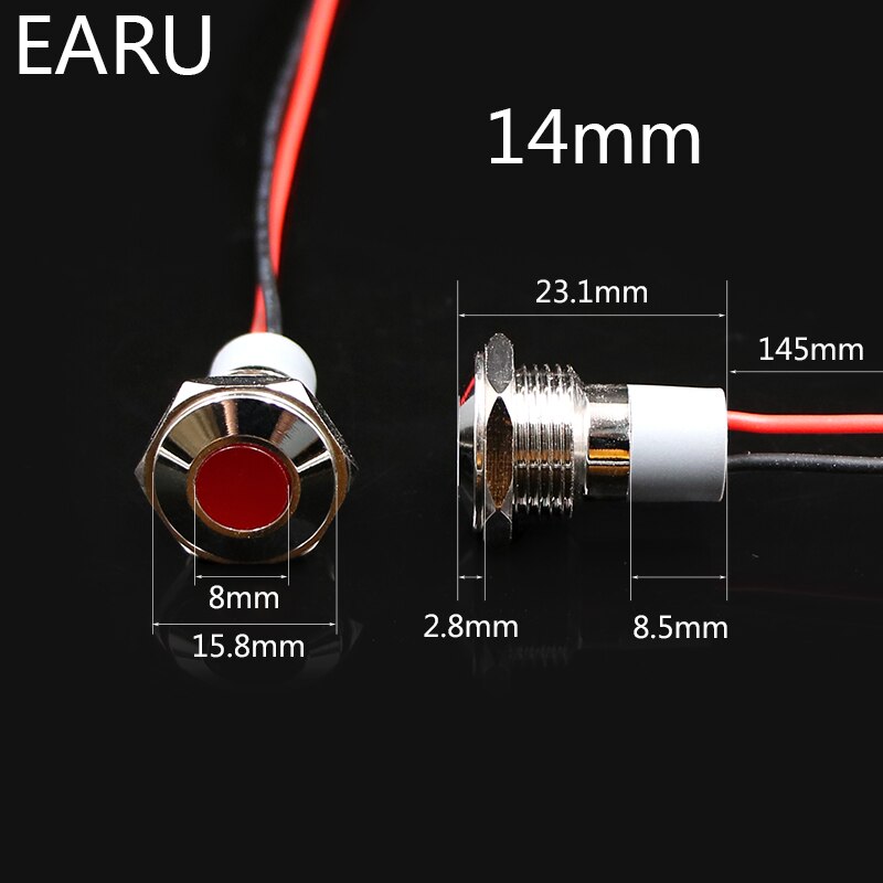 14mm IP67 Waterproof LED Metal Warning Indicator Light Pilot Signal Lamp + Wire 3V 5V 6V 12V 24V 110V 220v Red Yellow Blue Green
