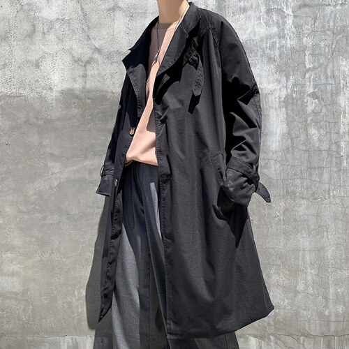 Ulzzang – Trench-coat à Simple boutonnage pour homme, vêtement d'extérieur Chic, uni, mi-long, Style coréen: black / XL