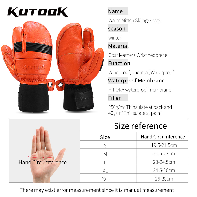 KUTOOK guantes de esquí de invierno de piel de cabra mitones guantes térmicos de esquí Snowboard para hombres accesorios de protección de montañismo de cuero