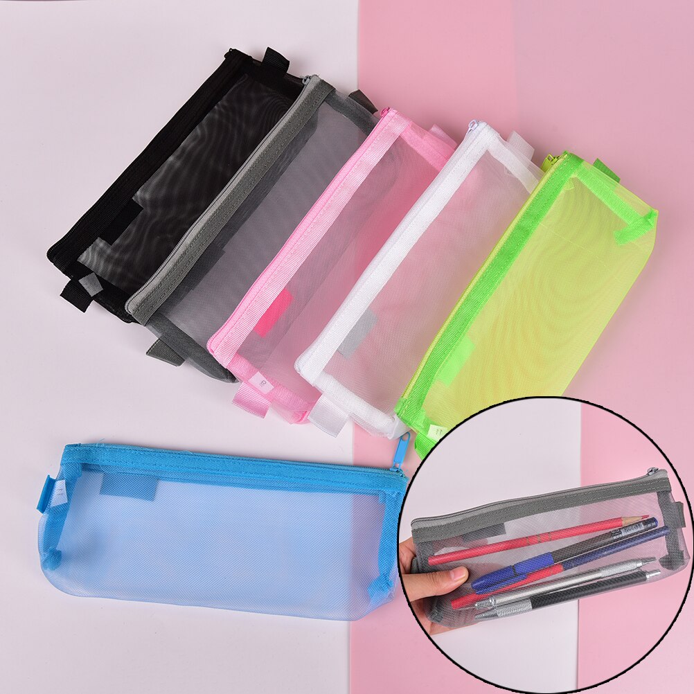 Net Yarn Transparent Pencil Case Lapices Bags Stationery Kit Students Zip File Bag School Supplies