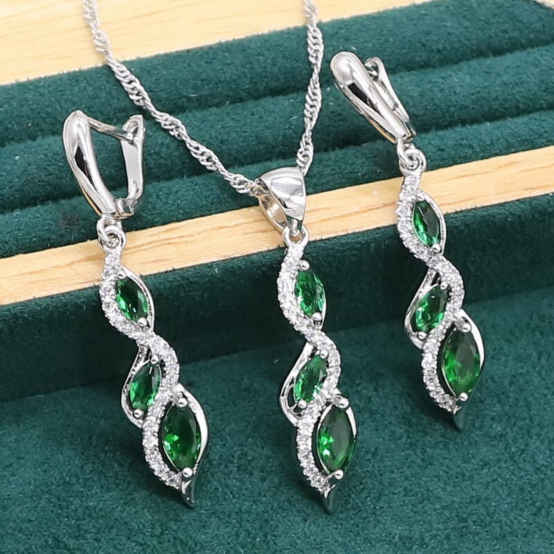 Marquise Green Emerald 925 Sterling Zilveren Sieraden Set Voor Vrouwen Armband Oorbellen Ketting Hanger Ring