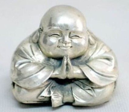 Oude Tibet Zilver Zitten Kleine Lachende Boeddha Standbeeld