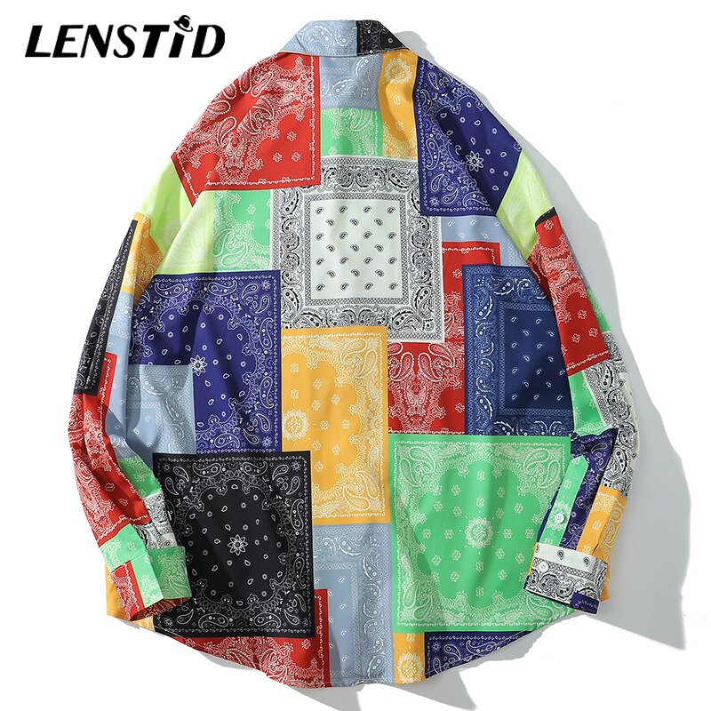 LENSTID Mens Hip Hop Hawaiian Beach Shirt Bandana Color Block Print Harajuku Streetwear Autumn Long Sleeve Oversize Shirts