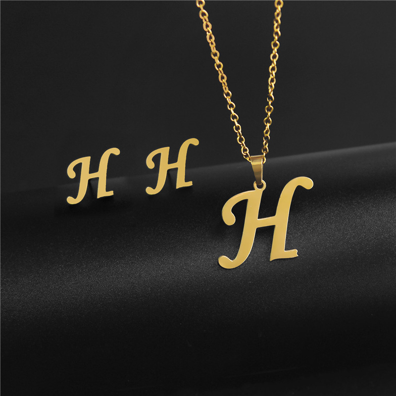 A-Z 26 charm Initial Necklace And Stud Earrings Jewelry Sets Alphabet Pendant Chain Letter mom: Plating Gun
