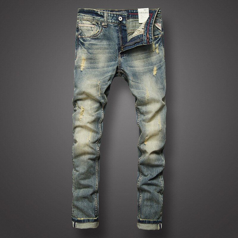Italiensk stil herre jeans retro slim denim ripped jeans herre bukser mærke tøj nostalgi farve jeans Grandado