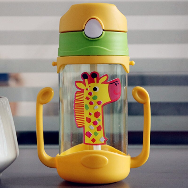400ml kinderen leren drinkbekers, rietje, drinkfles, beker met handvat, schattige dubbele handgreep, kinderfles met water en sap: Geel