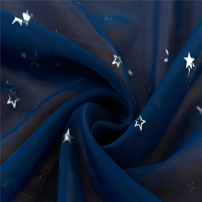 Transparent Tulle Curtains Screens Perforation 1pc Five-pointed Star Curtains Polyester Window Drapes Sheer Hook: navy blue hook / 100x270cm