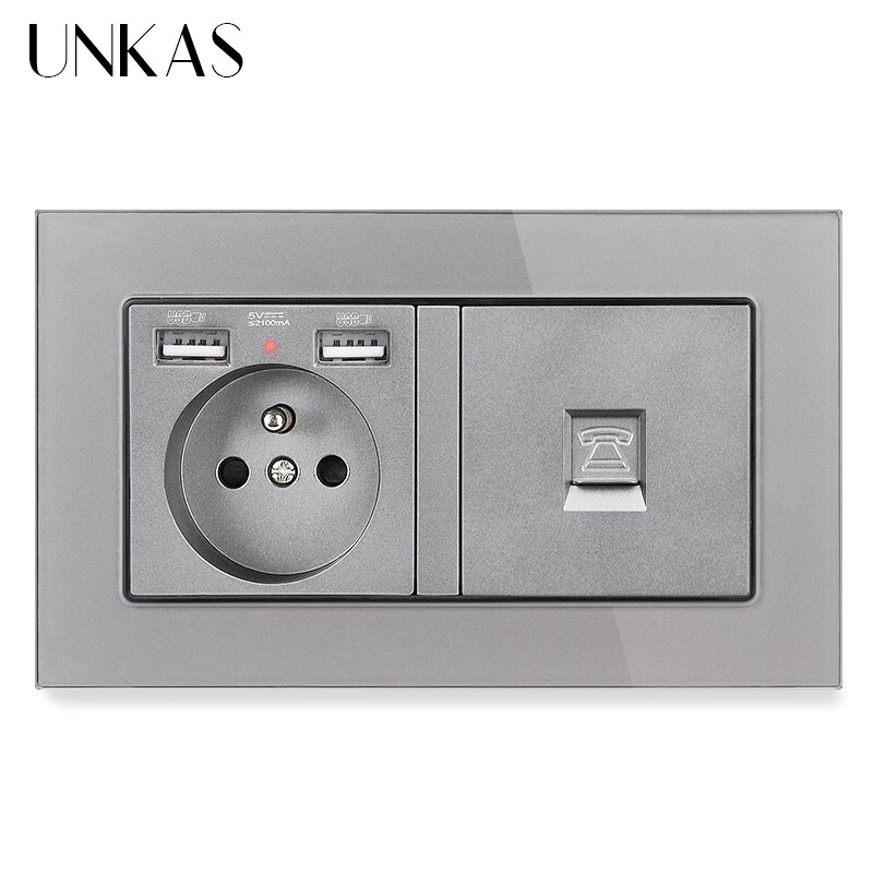 Unkas eu frans stopcontact met dubbele usb-poort + tv  rj11 telefoon  rj45 internet computeraansluiting 146mm * 86mm grijs glazen paneel stopcontact: 1 fr 1 telefoon  x 1