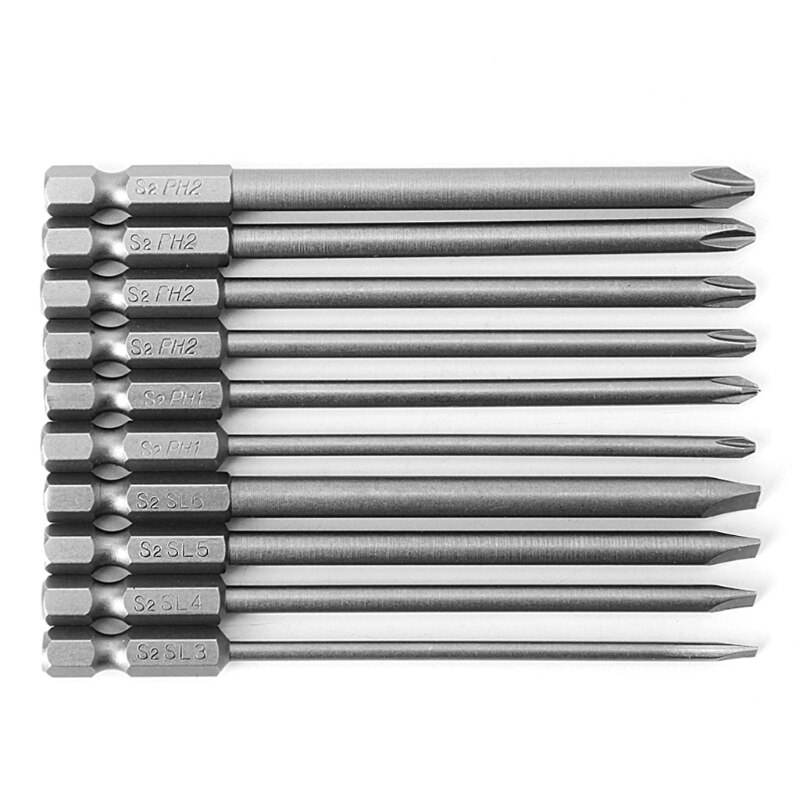 10 st/set 1/4 tums sexkantsskaft magnetiskt spår  ph2 skruvmejselbits  s2 stål 100mm längd skruvmejselbits borr skruvmejselbits