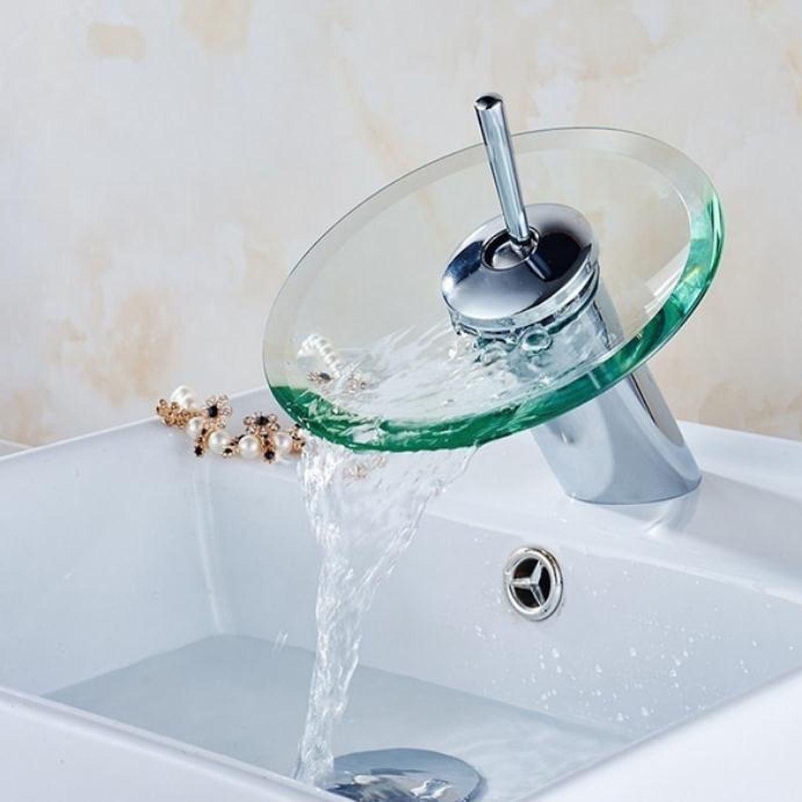 Solid Glass Waterfall Bathroom Basin Sink Faucet Chrome Basin Sink Faucet Single Lever Deck Mounted Round Mixer Tap#G30